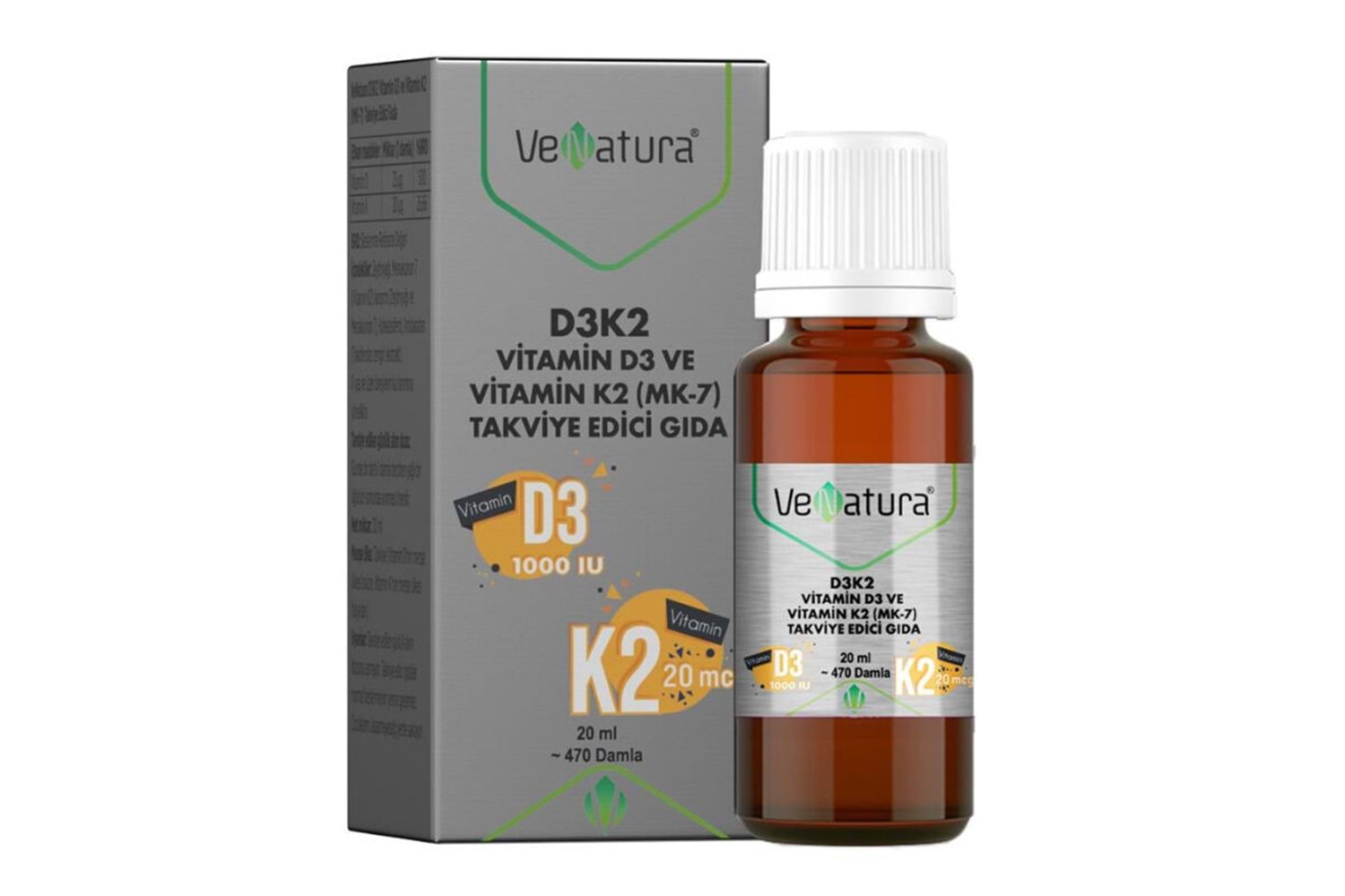 VeNatura D3K2 Vitamin D3 Ve Menaquinon 7 Takviye Edici Gıda 20 ml