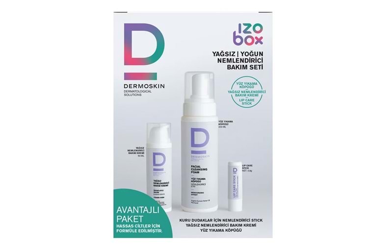 Dermoskin İzobox Yağsız & Yoğun Bakım Seti - Nemlendirici Krem 50 ml + Yüz Yıkama Köpüğü 200 ml + Lip Care Stick